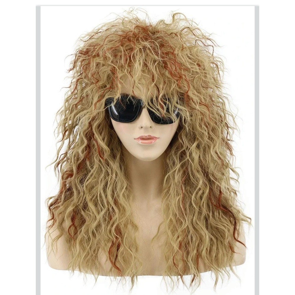 80s Rocker Wig Blonde Red Highlights Long Curly Mullet Heavy Metal Costume Wigs